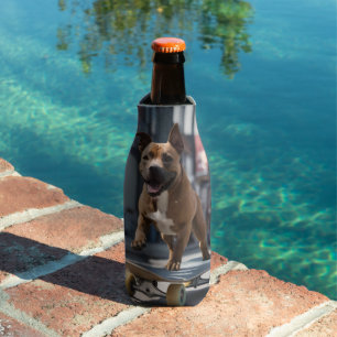 Skateboard Stunt: A Staffy on the Move Bottle Cooler