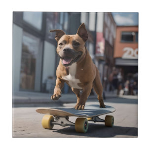 Skateboard Stunt: A Staffy on the Move Ceramic Tile