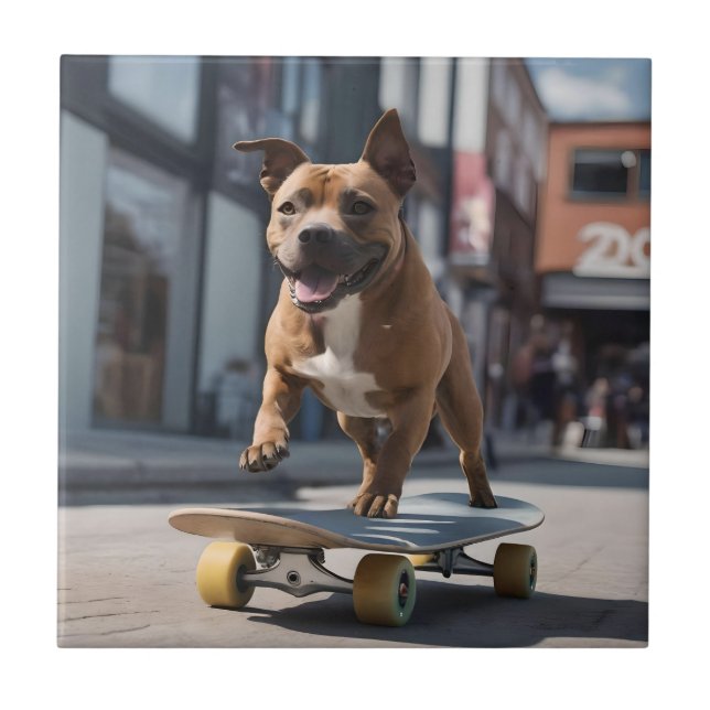 Skateboard Stunt: A Staffy on the Move Ceramic Tile (Front)