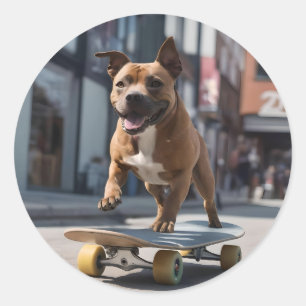 Skateboard Stunt: A Staffy on the Move Classic Round Sticker