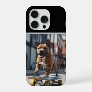 Skateboard Stunt: A Staffy on the Move iPhone 15 Pro Case