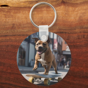 Skateboard Stunt: A Staffy on the Move Key Ring