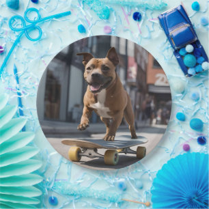 Skateboard Stunt: A Staffy on the Move Paper Plate