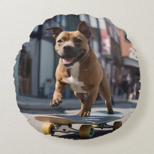 Skateboard Stunt: A Staffy on the Move Round Cushion
