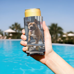 Skateboard Stunt: A Staffy on the Move Seltzer Can Cooler