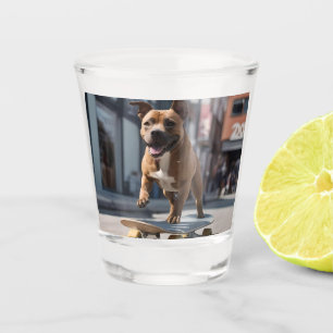 Skateboard Stunt: A Staffy on the Move Shot Glass