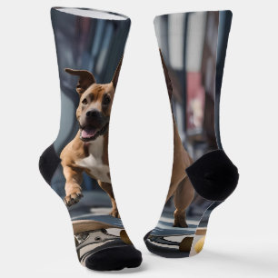Skateboard Stunt: A Staffy on the Move Socks