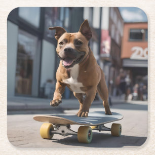Skateboard Stunt: A Staffy on the Move Square Paper Coaster
