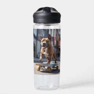 Skateboard Stunt: A Staffy on the Move Water Bottle