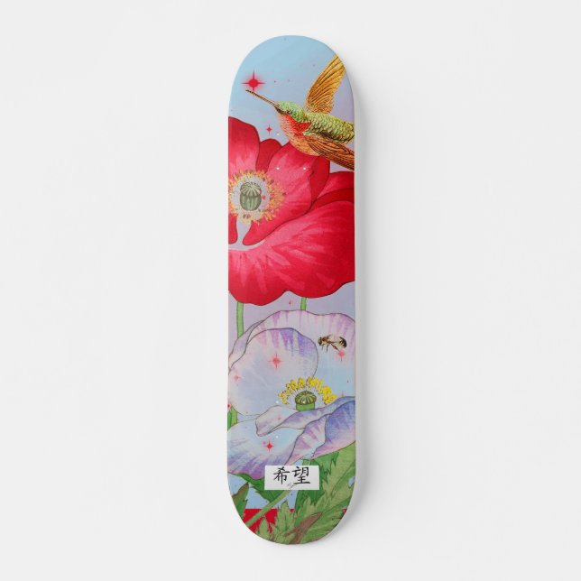 SKATEBOARD WITH JAPANESE FLOWERS AND HUMMINGBIRD (Front)