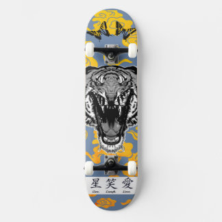 SKATEBOARD WITH JAPANESE TIGER AND YELLOW CLOUDS