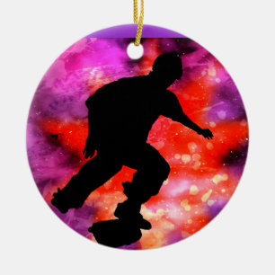 Skateboarder in Cosmic Clouds Ceramic Tree Decoration