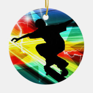 Skateboarder in Criss Cross Lightning Ceramic Ornament