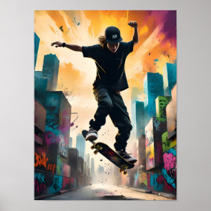 Skateboarder in Flight – Dynamic Mid-Air Trick Poster