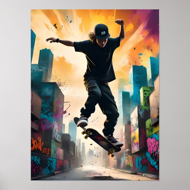 Skateboarder in Flight – Dynamic Mid-Air Trick Poster (Front)