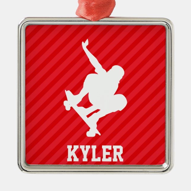 Skateboarder; Scarlet Red Stripes Metal Ornament (Front)