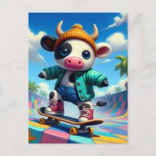 Skateboarding Adorable Cow Postcard