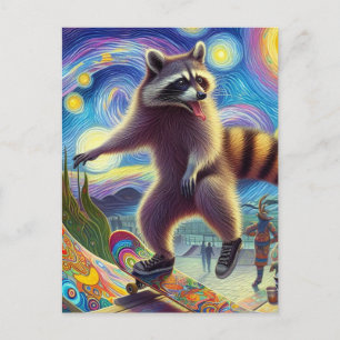Skateboarding Adorable Surreal Racoon Postcard