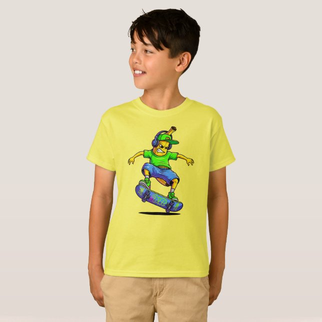 Skateboarding Banana Cartoon Character Design T-Shirt (Front Full)