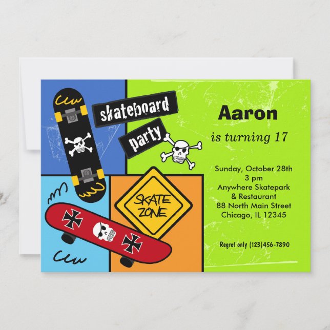 Skateboarding Birthday (Lime) Invitation (Front)