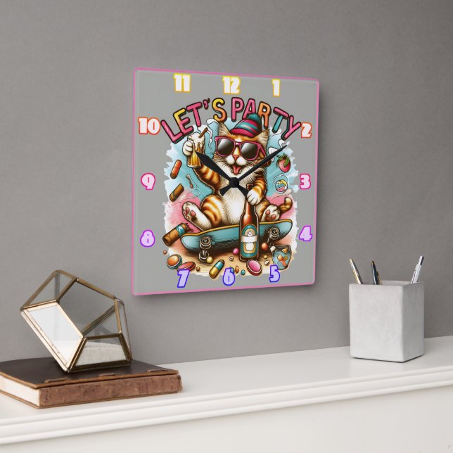 Skateboarding cats with treats & drinks! square wall clock (Office)