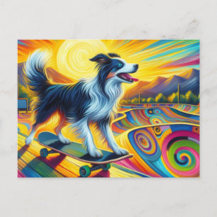Skateboarding Colourful Surreal Border Collie Postcard