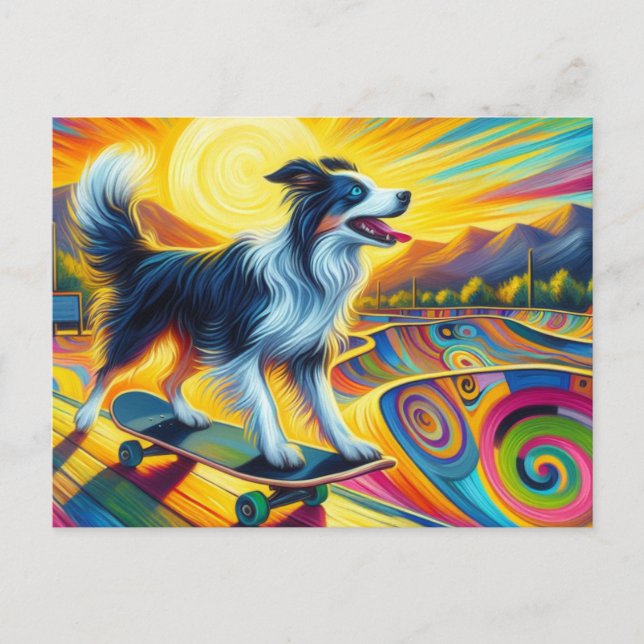 Skateboarding Colourful Surreal Border Collie Postcard (Front)