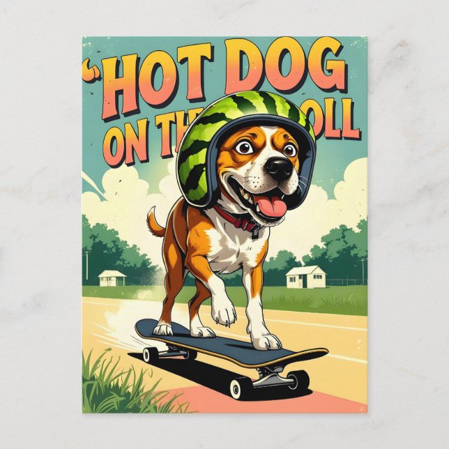 Skateboarding Dog Summer Funny Retro Beach  Announcement Postcard (Front)