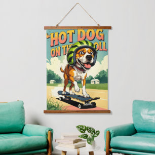 Skateboarding Dog Summer Funny Retro Beach  Hanging Tapestry