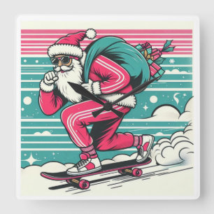 Skateboarding father christmas square wall clock