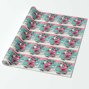 Skateboarding father christmas wrapping paper