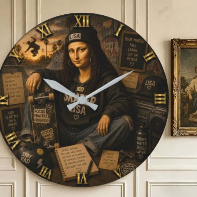 Skateboarding Funny Mona Lisa Skater Gift Large Clock (Creator Uploaded)