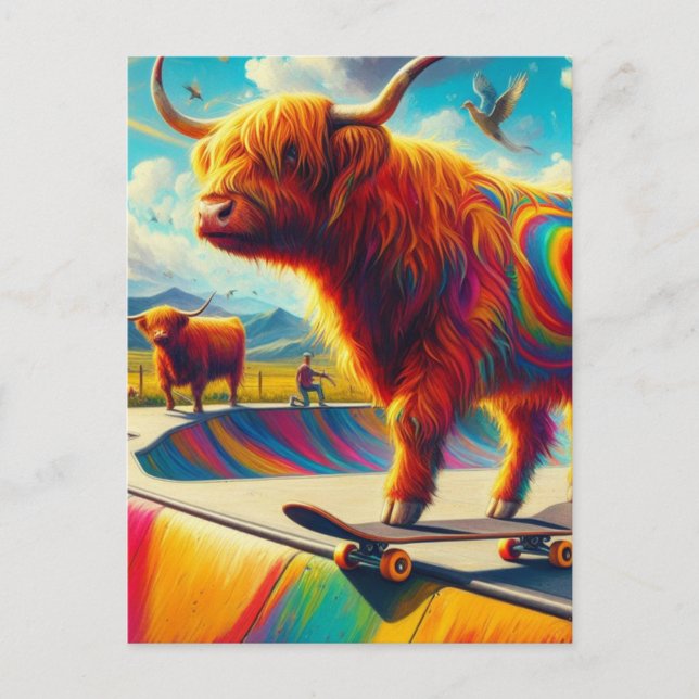 Skateboarding Highland Cow Colourful and Fun Postcard (Front)