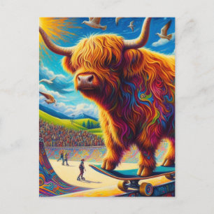 Skateboarding Highland Cow Colourful Fun Surreal Postcard