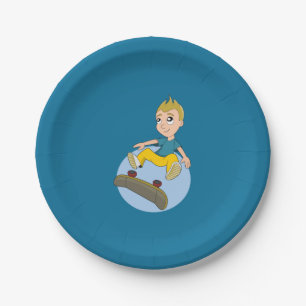 Skateboarding kid cartoon paper plate