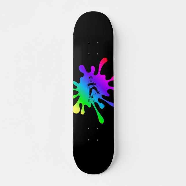 Skateboarding Kid Colourful Paint Splash Add Name Skateboard (Front)
