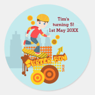 Skateboarding kid party classic round sticker