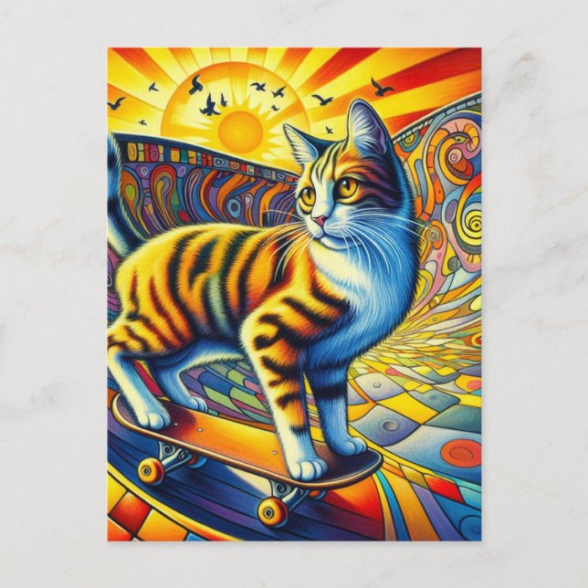 Skateboarding Kitty Surreal Colourful and Fun Postcard (Front)