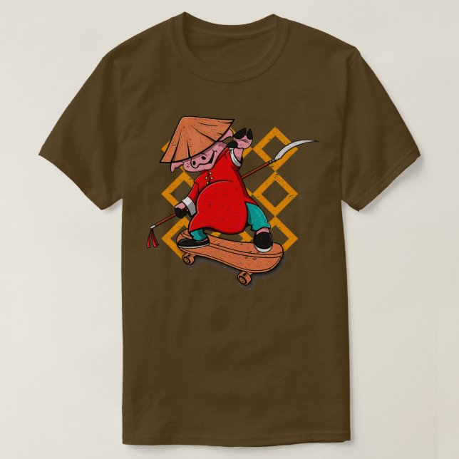 Skateboarding Kung Fu Pig T-Shirt (Design Front)