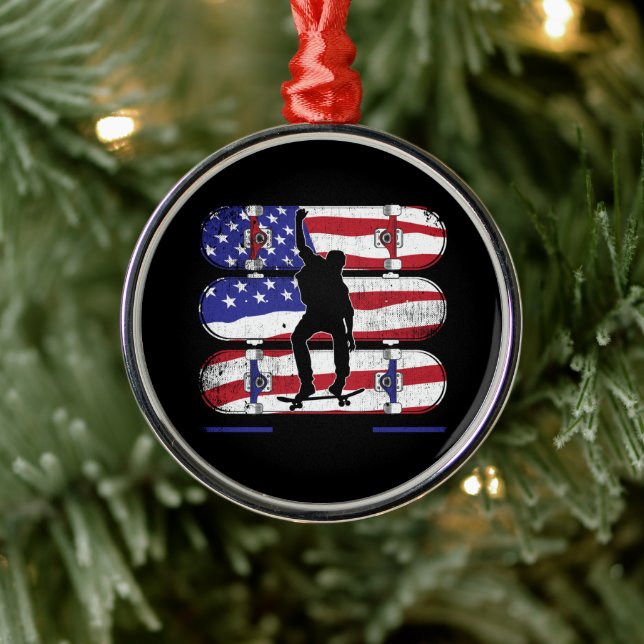 Skateboarding Men - USA American Flag Metal Ornament (Tree)