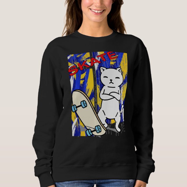 Skateboarding Outfit  And Cute Skating Cat  Cute Sweatshirt (Front)
