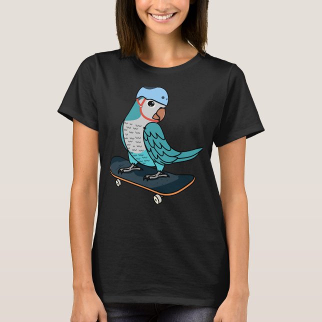 Skateboarding Parrot I Blue Monk Parakeet Quaker T-Shirt (Front)
