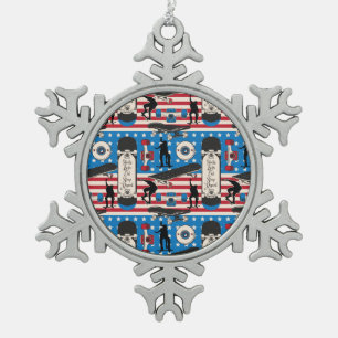 Skateboarding Patriotic USA Skateboarder Snowflake Pewter Christmas Ornament