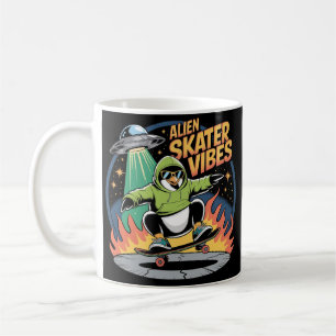 Skateboarding Penguin Under UFO Funny Cartoon Coffee Mug