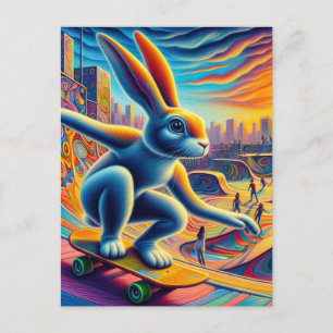 Skateboarding Rabbit Colourful Fun Surreal Postcard