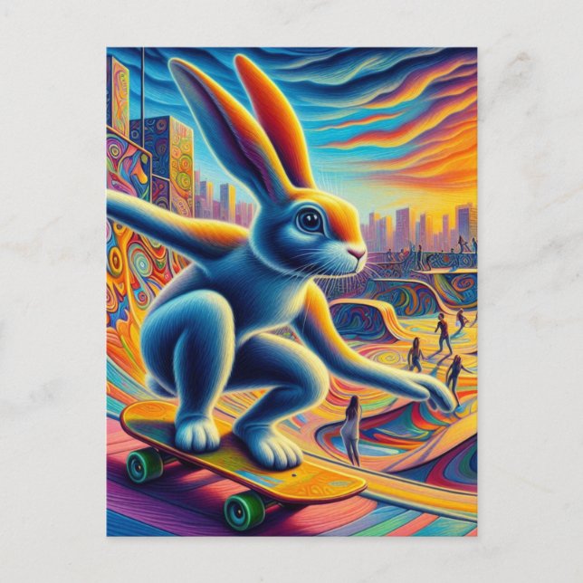 Skateboarding Rabbit Colourful Fun Surreal Postcard (Front)
