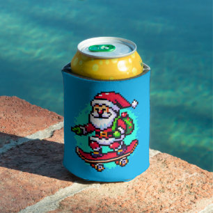 Skateboarding Santa - Fun Pixel Art Holiday Design Can Cooler