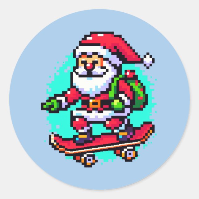 Skateboarding Santa - Fun Pixel Art Holiday Design Classic Round Sticker (Front)