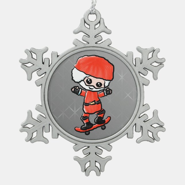 Skateboarding Santa Snowflake Pewter Christmas Ornament (Front)