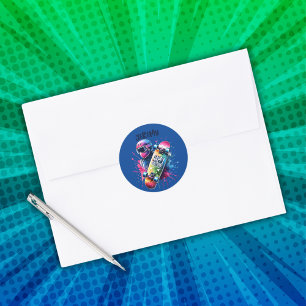 Skateboarding Skater Happy Birthday Monogram Blue Classic Round Sticker